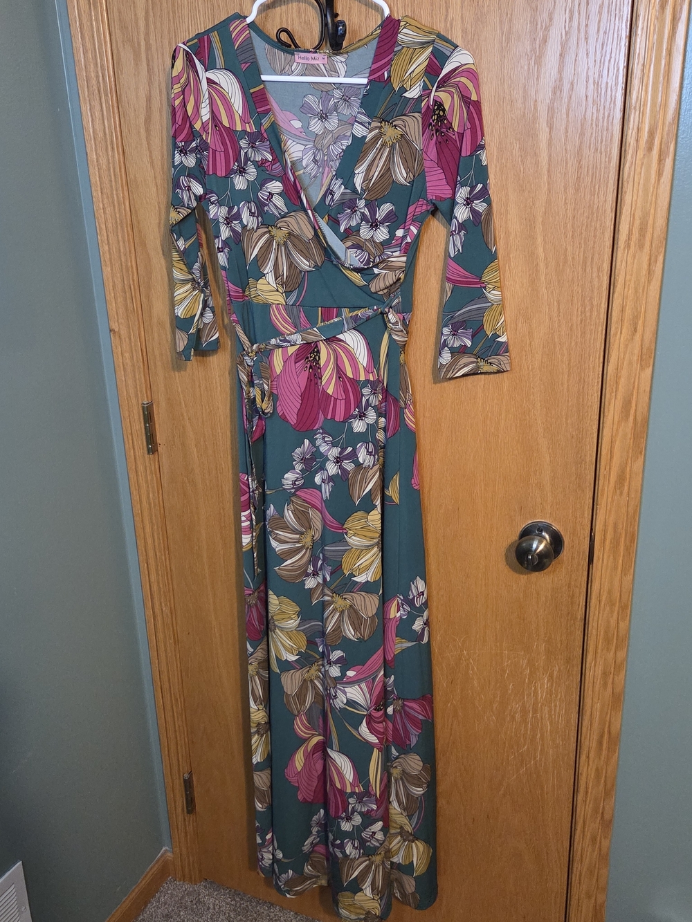 Hello MIZ Teal Floral Wrap Maxi Dress with Pink and Mustard Accents